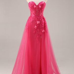 Strapless Appliqued Fuchsia Prom Dress with 3D Flowers