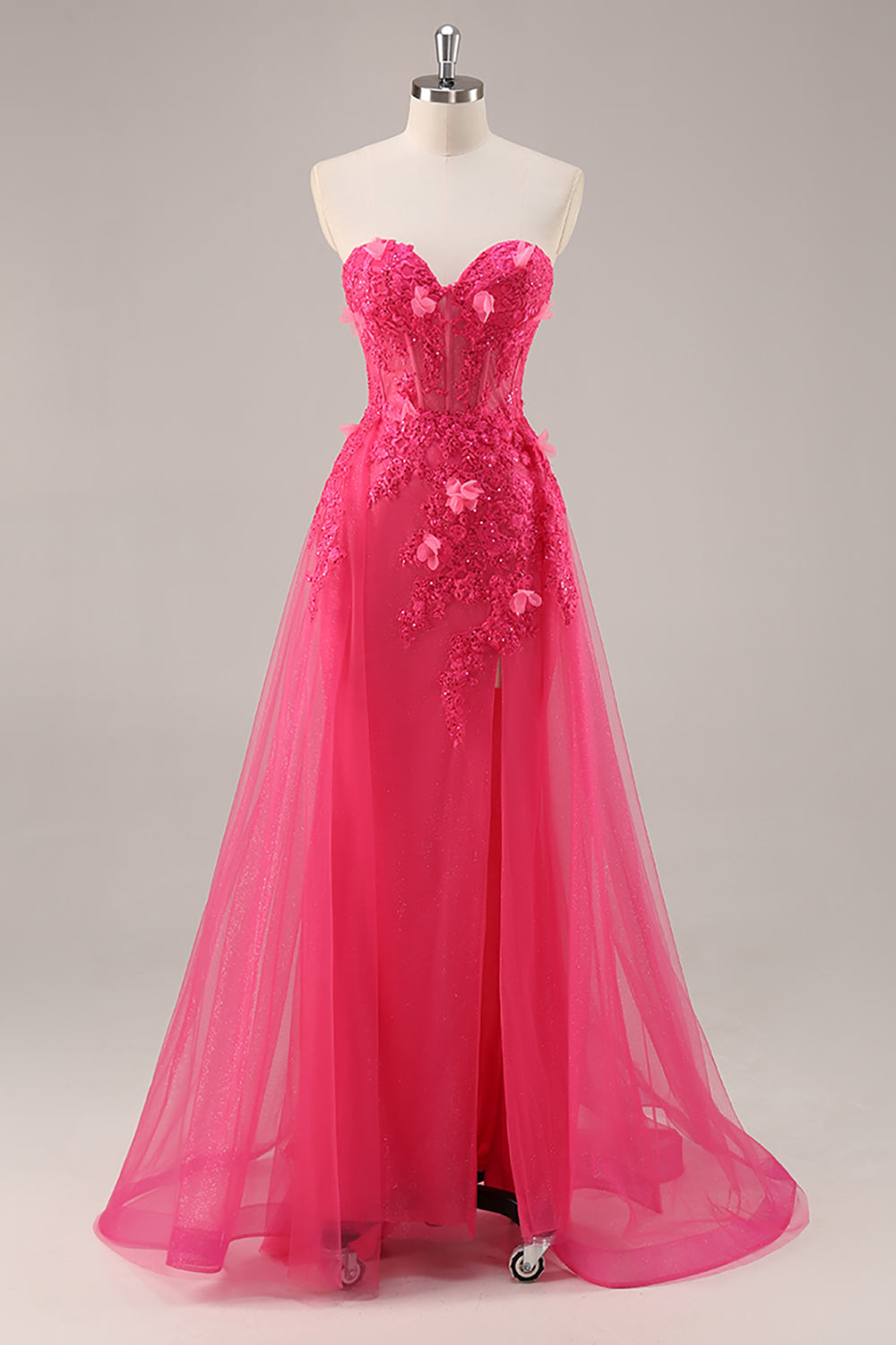 Strapless Appliqued Fuchsia Prom Dress with 3D Flowers