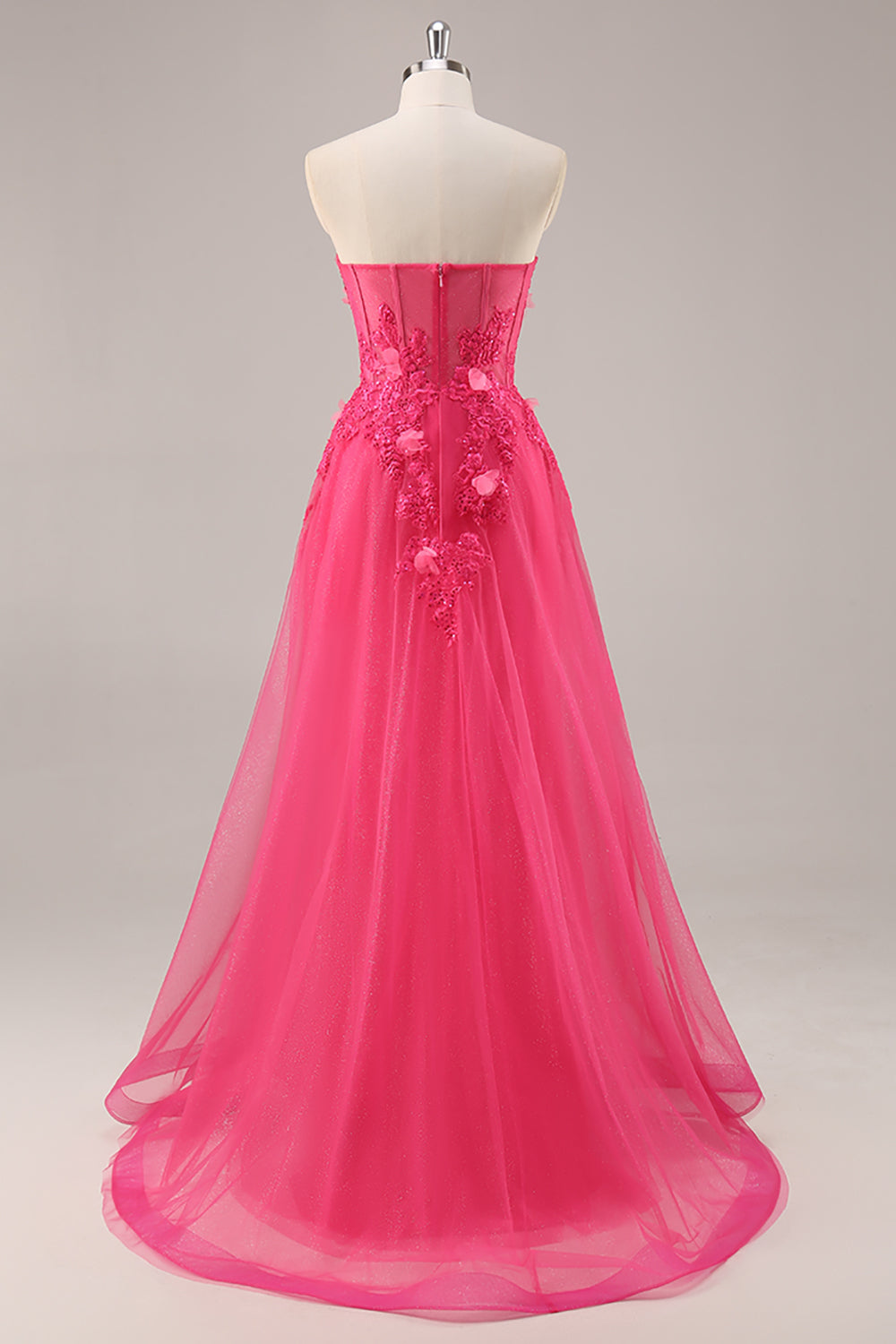 Strapless Appliqued Fuchsia Prom Dress with 3D Flowers - Image 2