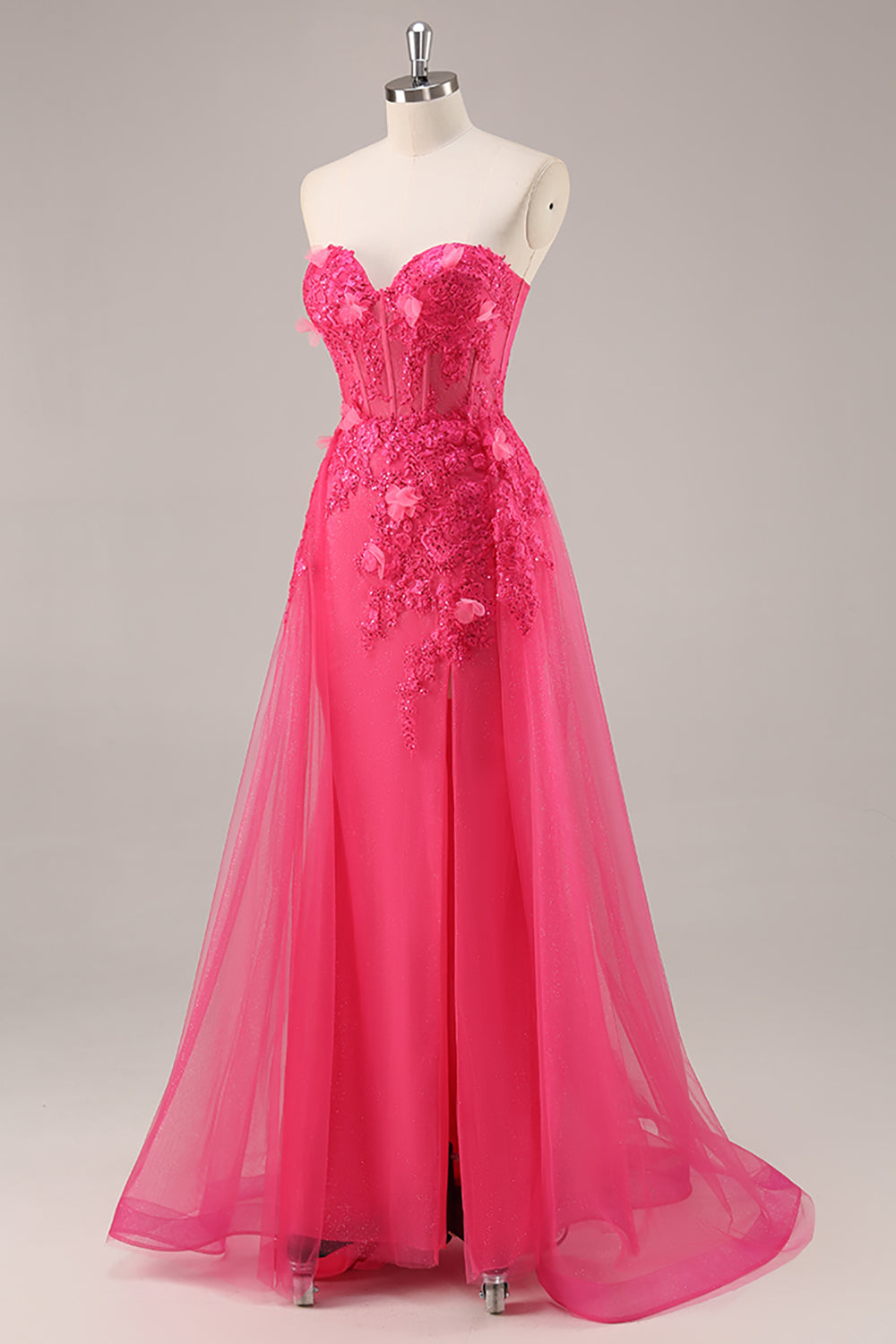 Strapless Appliqued Fuchsia Prom Dress with 3D Flowers - Image 3