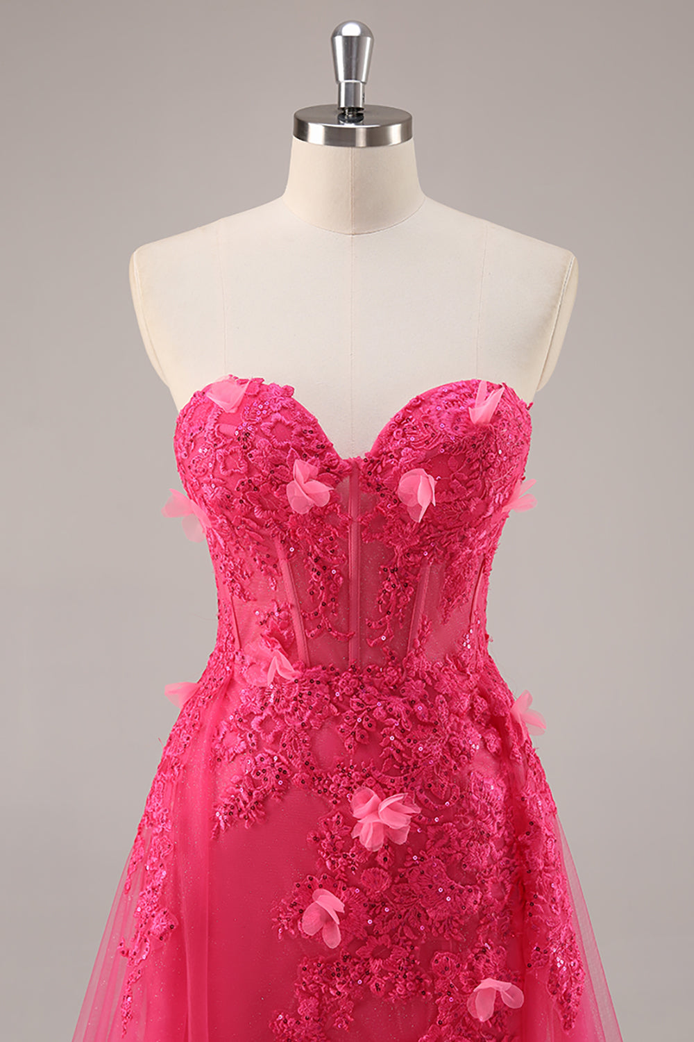 Strapless Appliqued Fuchsia Prom Dress with 3D Flowers - Image 4