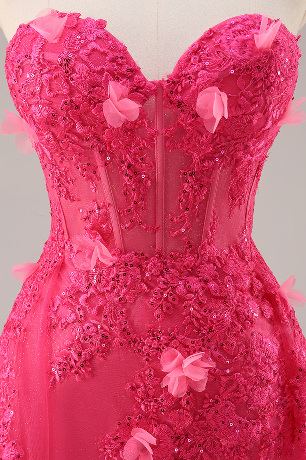 Strapless Appliqued Fuchsia Prom Dress with 3D Flowers - Image 7