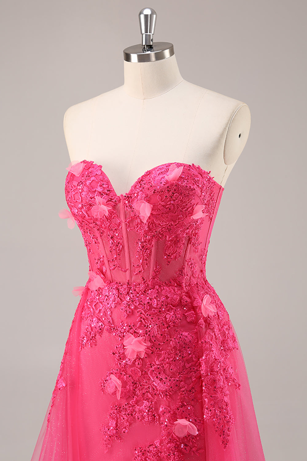 Strapless Appliqued Fuchsia Prom Dress with 3D Flowers - Image 6