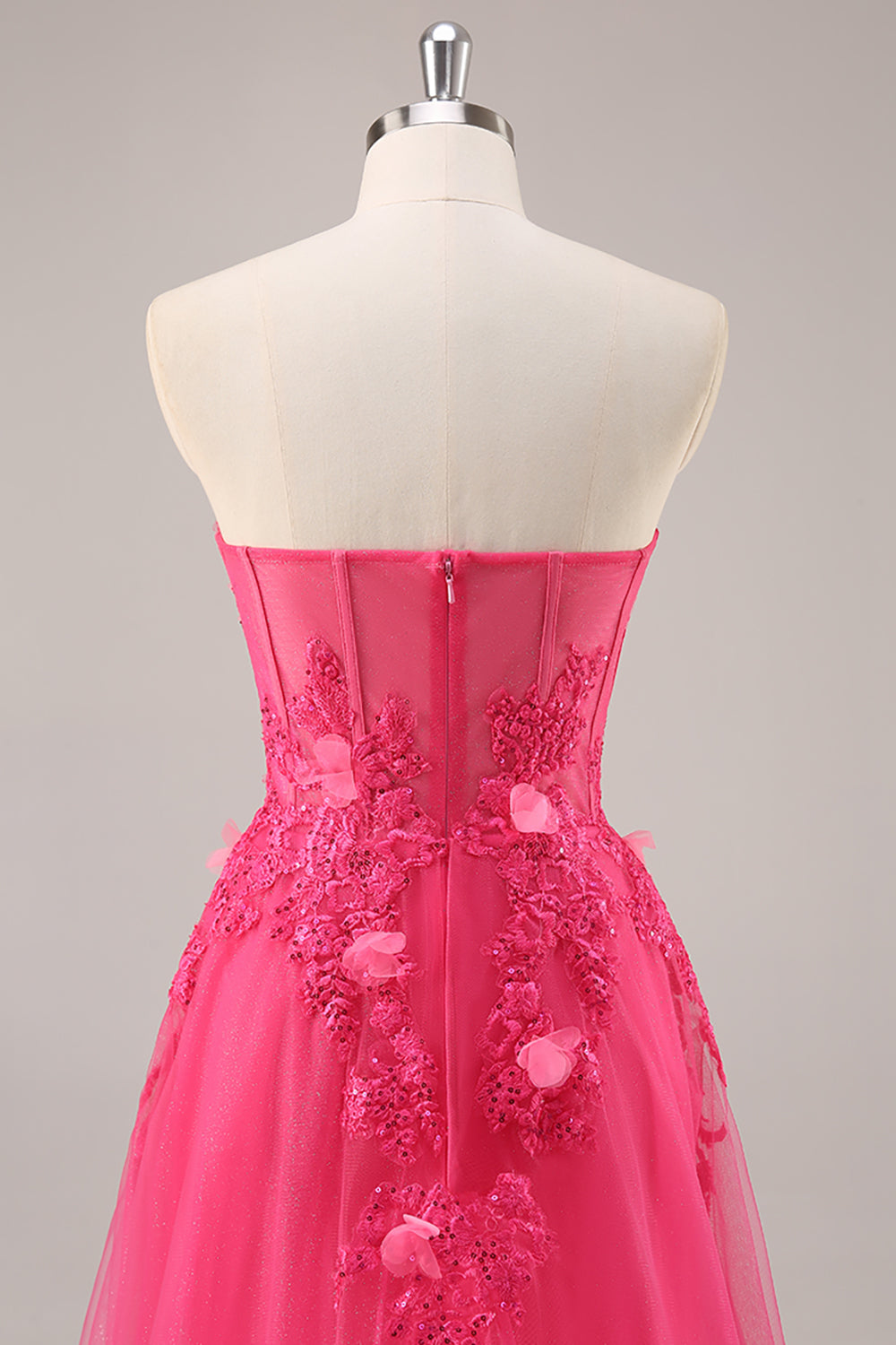 Strapless Appliqued Fuchsia Prom Dress with 3D Flowers - Image 5