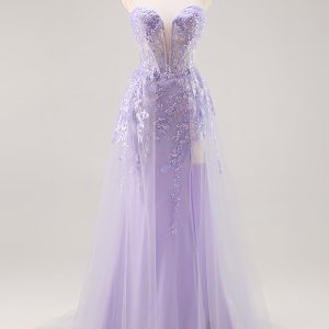 Strapless Appliqued Sequin Lilac Prom Dress with Detachable Train