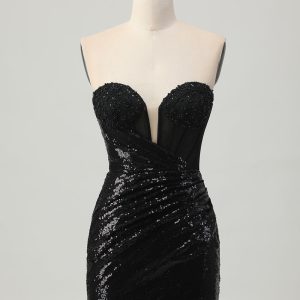 Black Bodycon Strapless Sequin Homecoming Dress with Slit