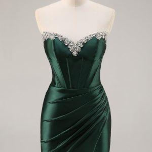 Strapless Beaded Corset Dark Green Homecoming Dress