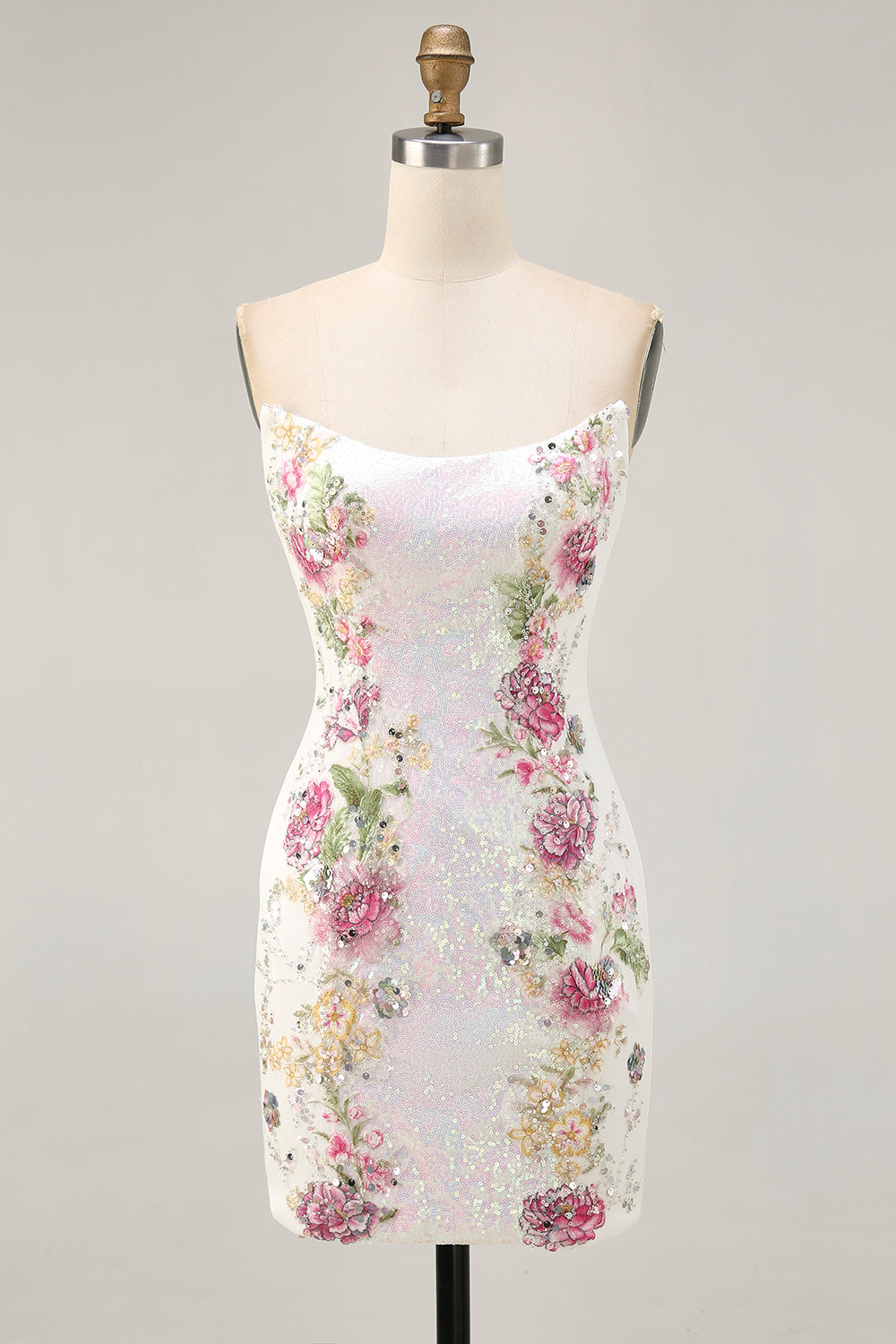 White Flower Strapless Bodycon Homecoming Dress With Sequins - Image 3