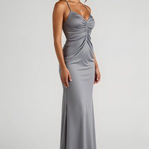 Steel Grey Satin Sheath Bridesmaid Dress