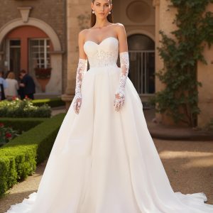 Strapless Appliqued Ivory Bridal Gown Dress With Sweep Train