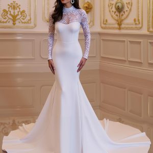 White Mermaid Long Sleeve Modest Wedding Dress With Appliques