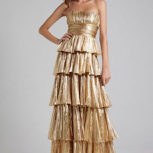 Strapless A-Line Tiered Pleated Gold Prom Dress