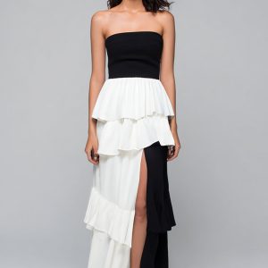 Strapless A-Line Tiered Ruffle Formal Dress With Slit