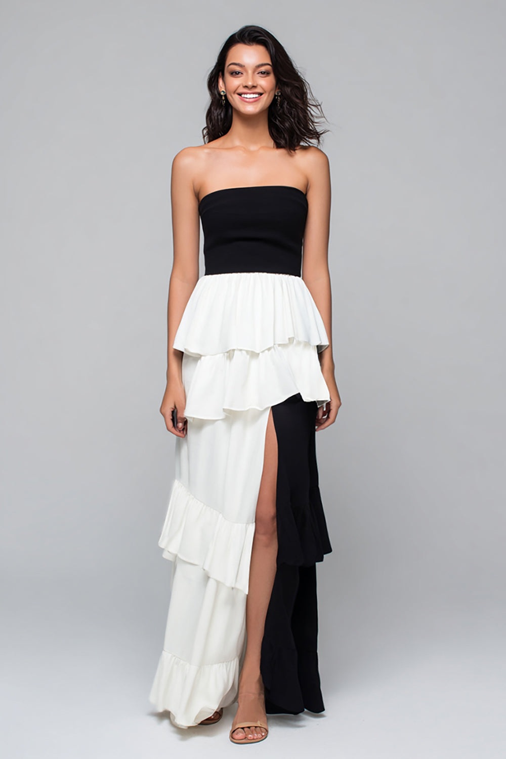 Strapless A-Line Tiered Ruffle Formal Dress With Slit