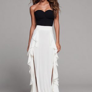 Strapless Black and White Sheath Long Formal Dress with Ruffles