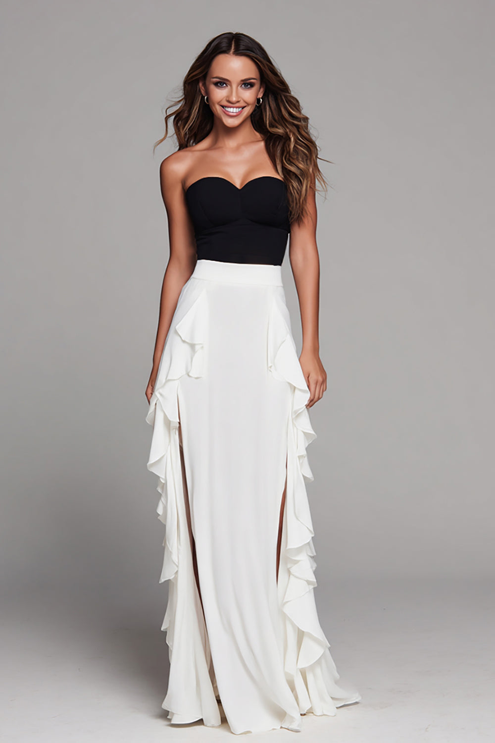 Strapless Black and White Sheath Long Formal Dress with Ruffles