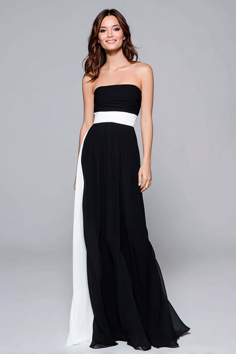 Strapless Black and White A-Line Long Formal Dress