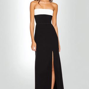 Strapless Black and White Semi-Formal Dress With Slit