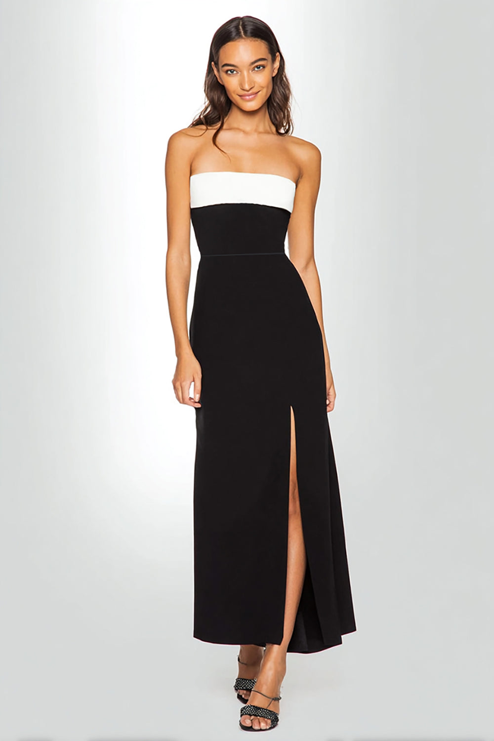 Strapless Black and White Semi-Formal Dress With Slit