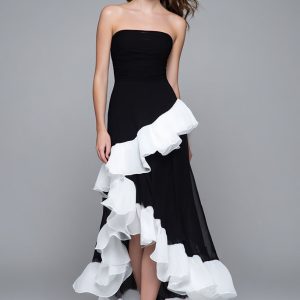 Strapless A Line High-Low Black and White Formal Dress With Ruffles