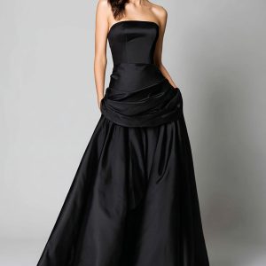 Strapless A-Line Satin Black Formal Dress