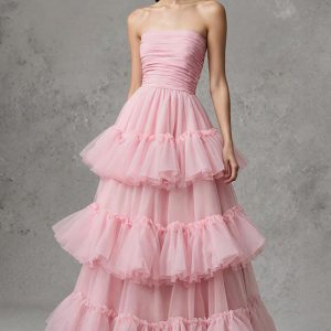 Strapless A-Line Tiered Pink Long Prom Dress With Ruffles