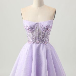 Strapless A Line Lilac Corset Homecoming Dress with Appliques