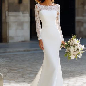 White Long Sleeve Bateau Neck Mermaid Wedding Dress with Lace