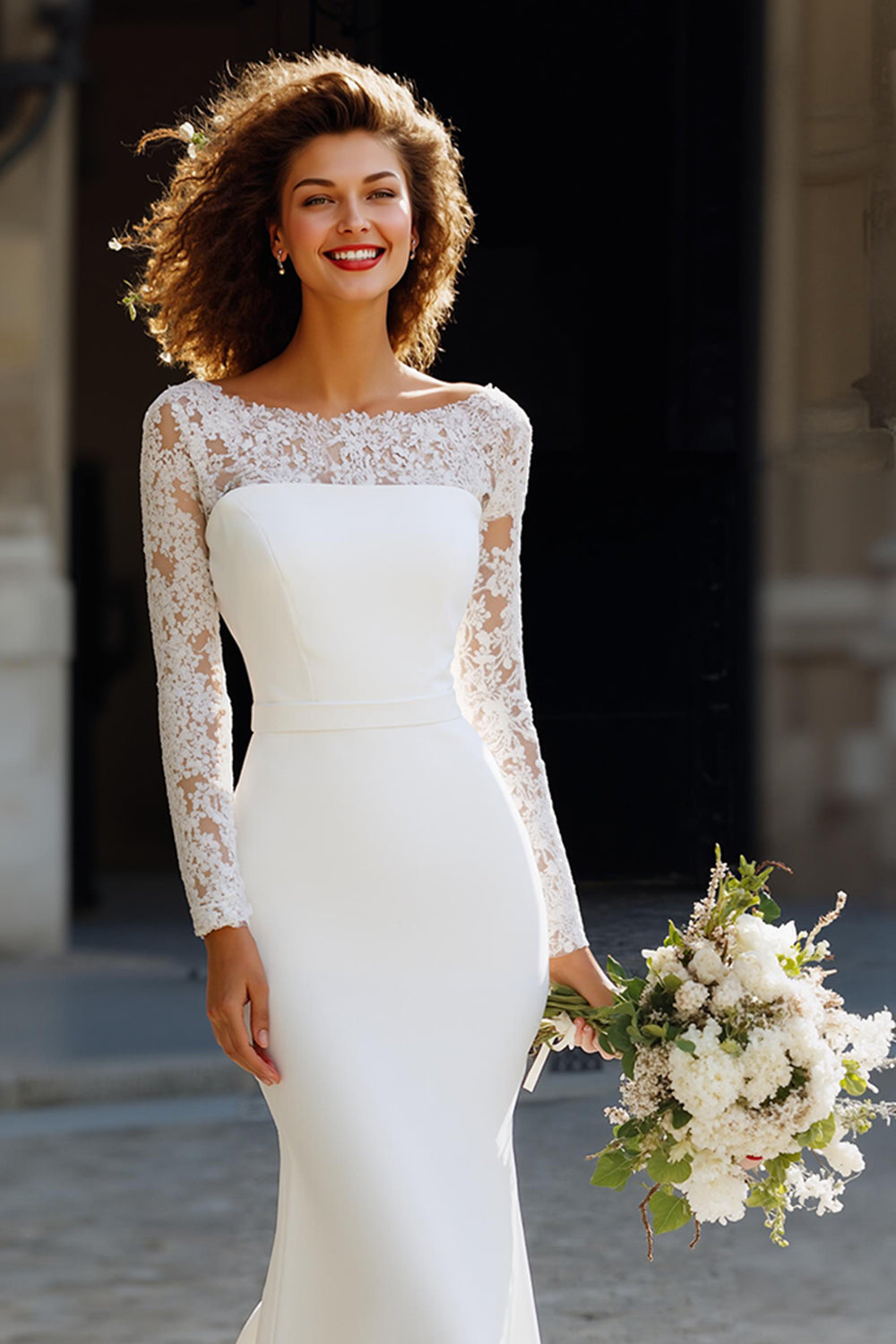 White Long Sleeve Bateau Neck Mermaid Wedding Dress with Lace - Image 3