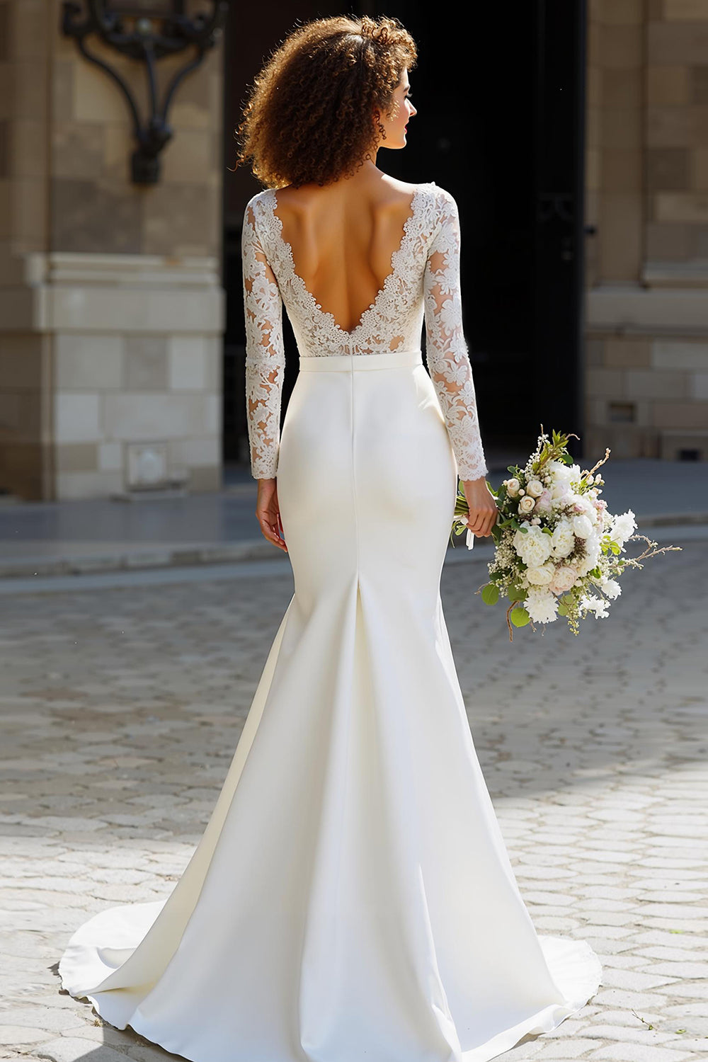 White Long Sleeve Bateau Neck Mermaid Wedding Dress with Lace - Image 2