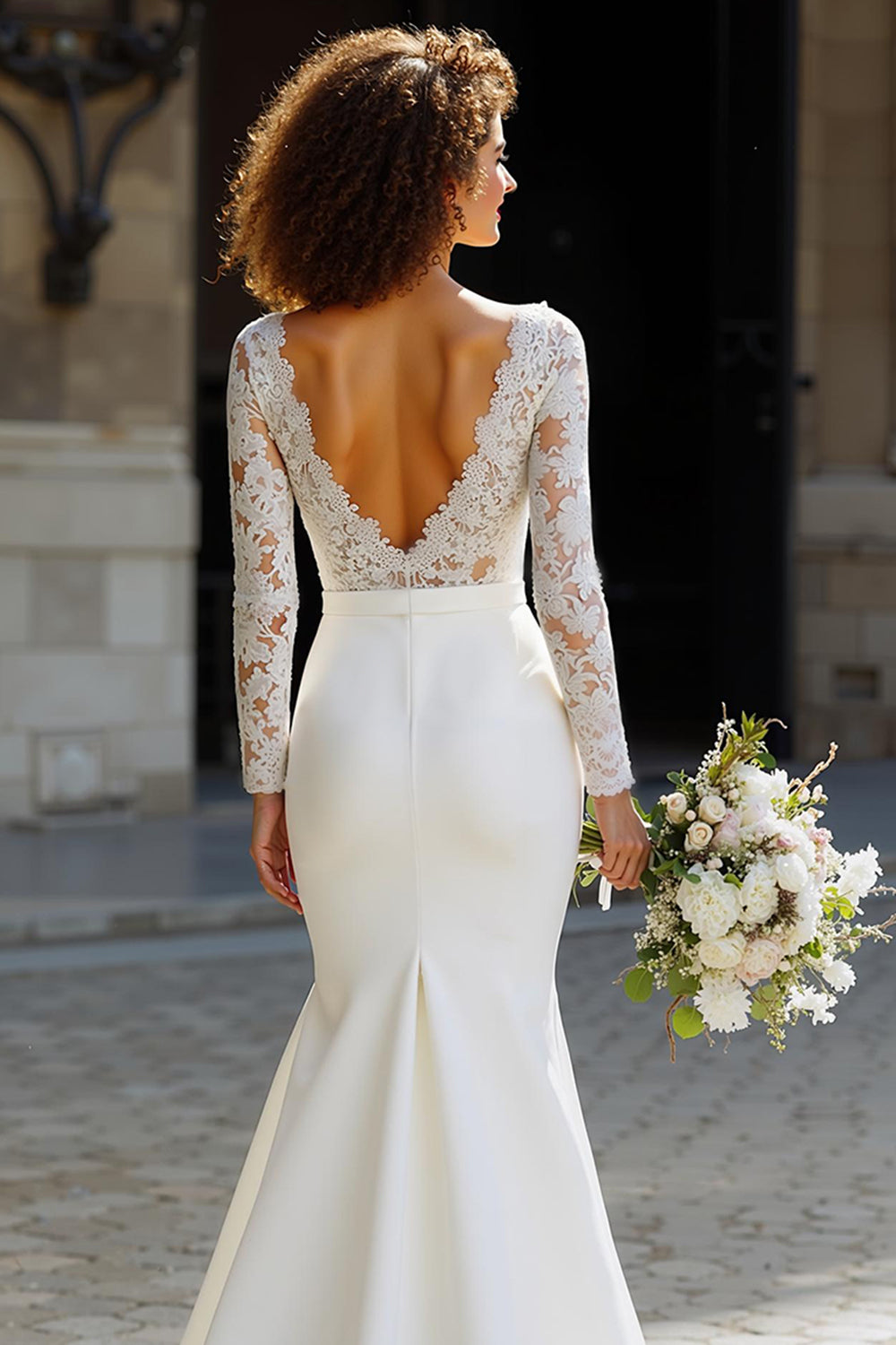 White Long Sleeve Bateau Neck Mermaid Wedding Dress with Lace - Image 4