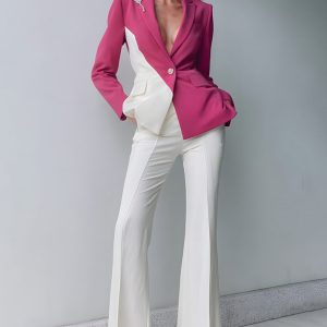 White Colorblock Nothched Lapel 2-Piece Women Suits