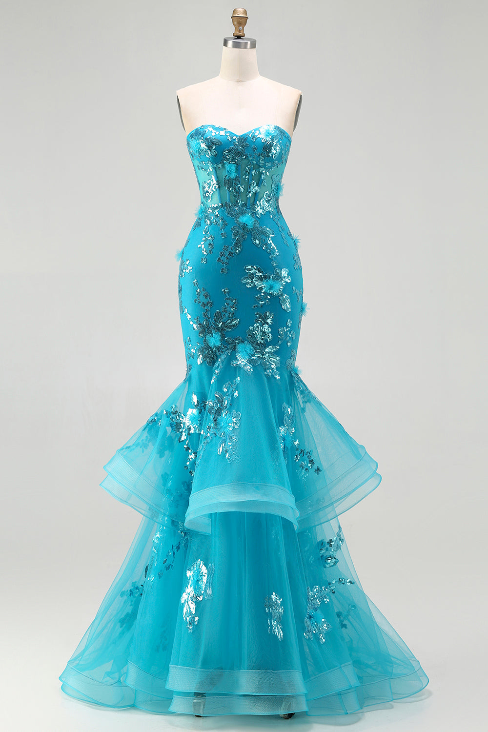 Strapless Blue Mermaid Ruffle Corset Prom Dress With Appliques