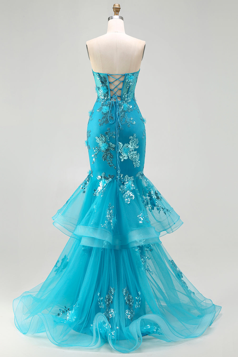 Strapless Blue Mermaid Ruffle Corset Prom Dress With Appliques - Image 2