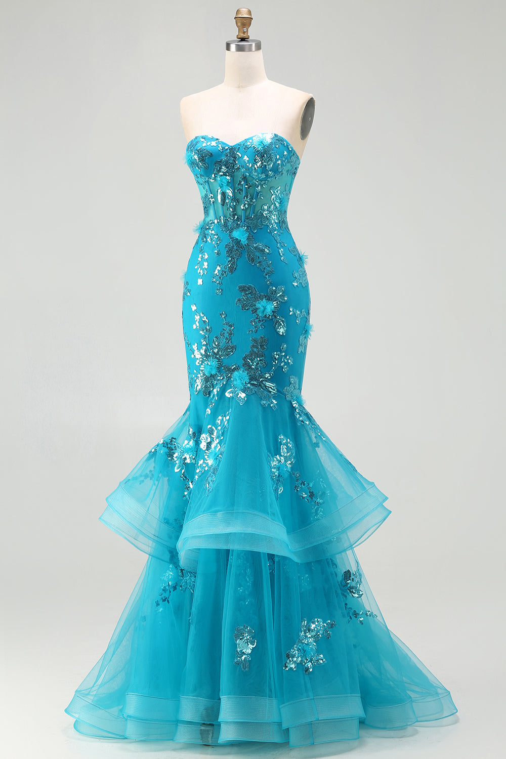 Strapless Blue Mermaid Ruffle Corset Prom Dress With Appliques - Image 3