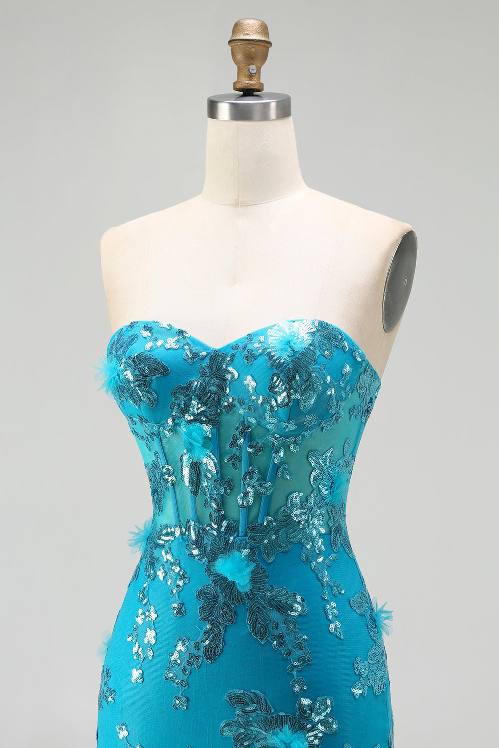 Strapless Blue Mermaid Ruffle Corset Prom Dress With Appliques - Image 6