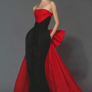 Strapless Black and Red Sheath Maxi Evening Dress With Bow Train
