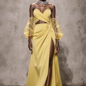Strapless A-Line Daffodil Satin Gala Dress With Slit