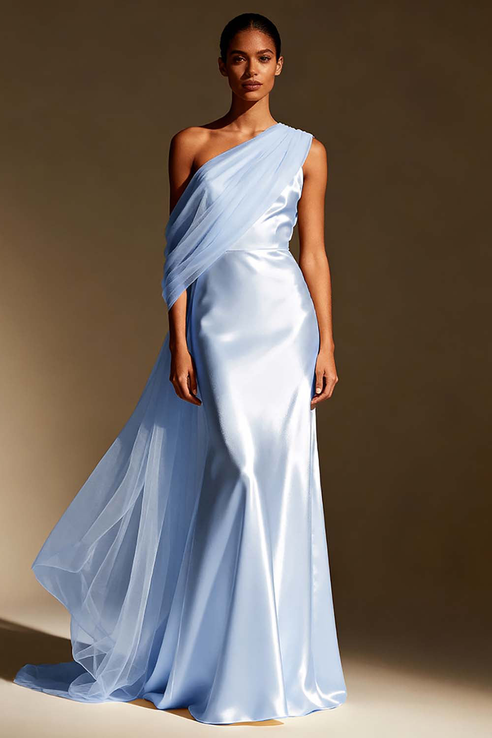 White Mermaid One Shoulder Maxi Evening Dress with Sash - Image 9