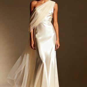 White Mermaid One Shoulder Maxi Evening Dress with Sash
