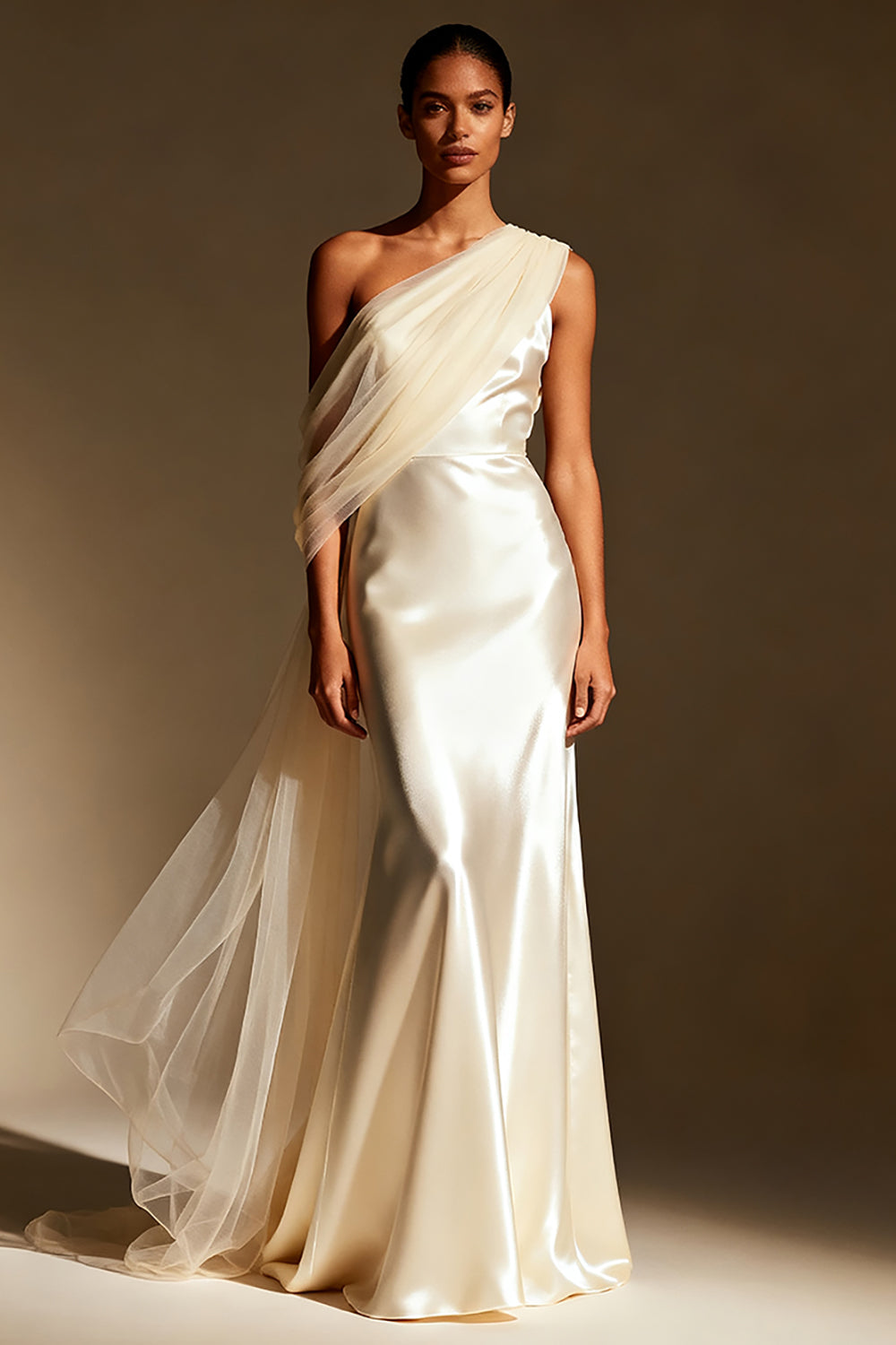 White Mermaid One Shoulder Maxi Evening Dress with Sash