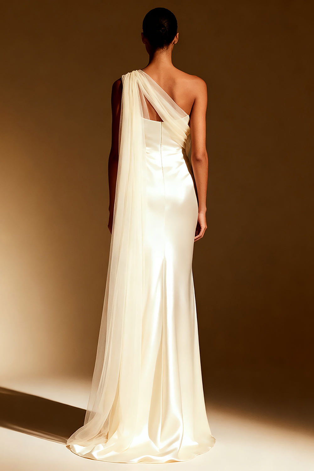 White Mermaid One Shoulder Maxi Evening Dress with Sash - Image 2