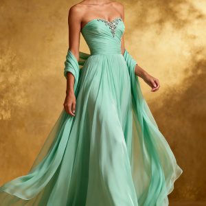 Strapless A-Line Mint Green Maxi Evening Dress with Beading