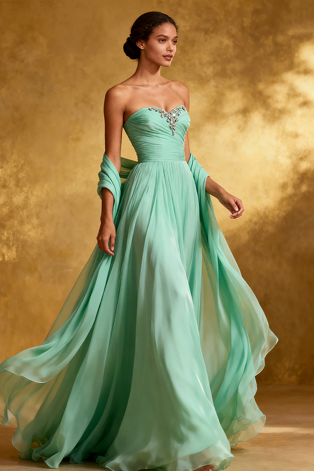 Strapless A-Line Mint Green Maxi Evening Dress with Beading