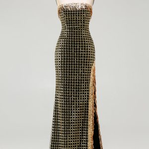 Strapless Black Golden Sequin Pearl Prom Dress With Slit