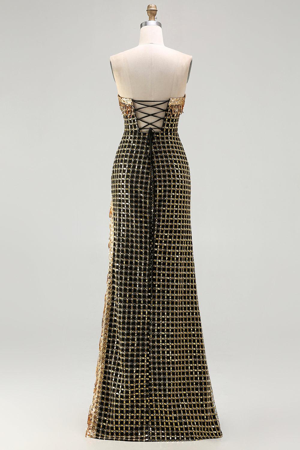 Strapless Black Golden Sequin Pearl Prom Dress With Slit - Image 2