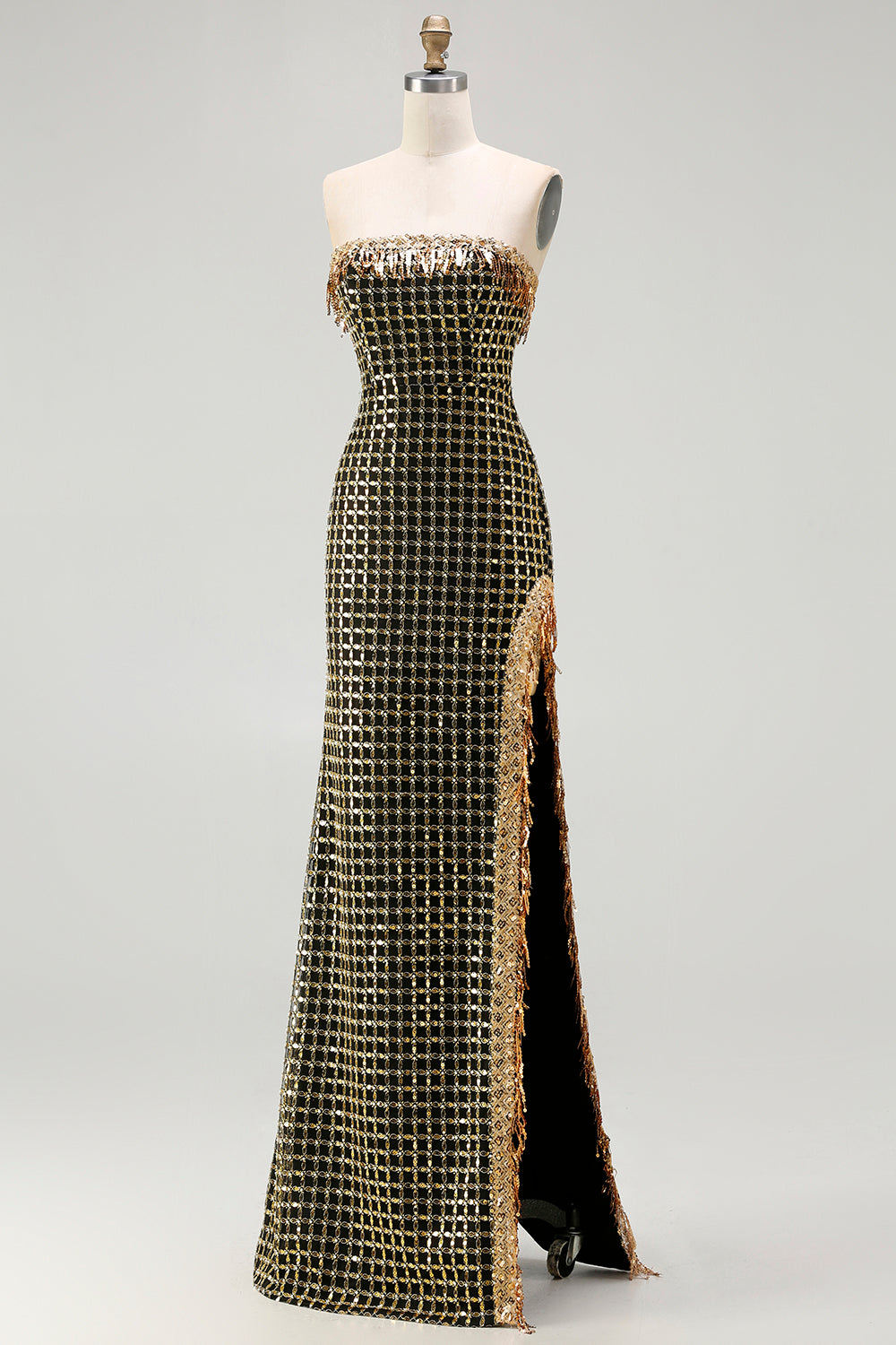 Strapless Black Golden Sequin Pearl Prom Dress With Slit - Image 5