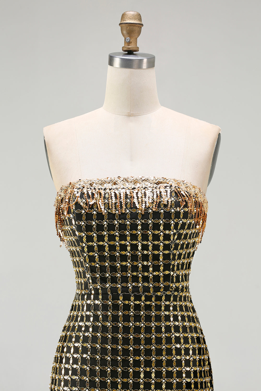 Strapless Black Golden Sequin Pearl Prom Dress With Slit - Image 6