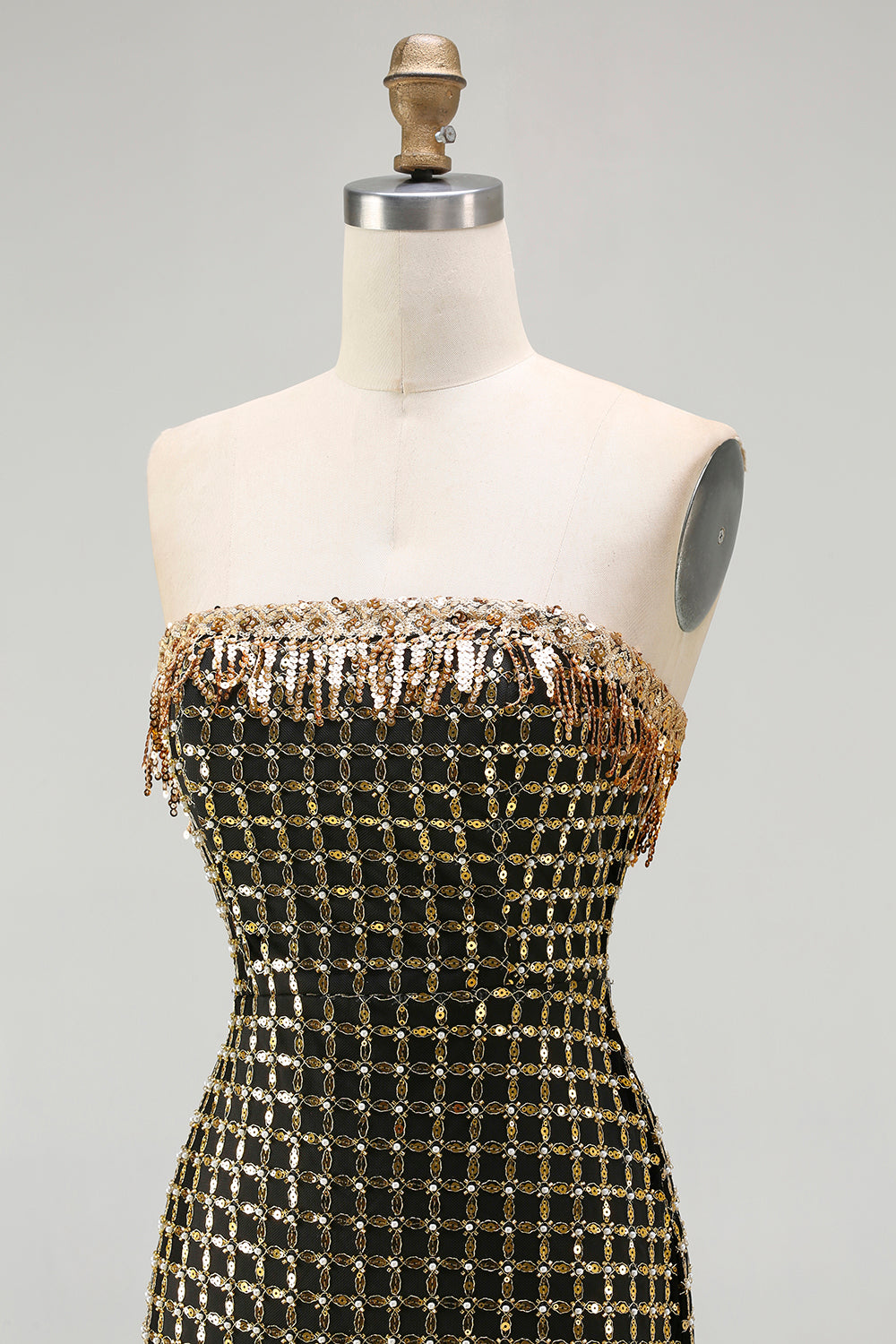Strapless Black Golden Sequin Pearl Prom Dress With Slit - Image 8
