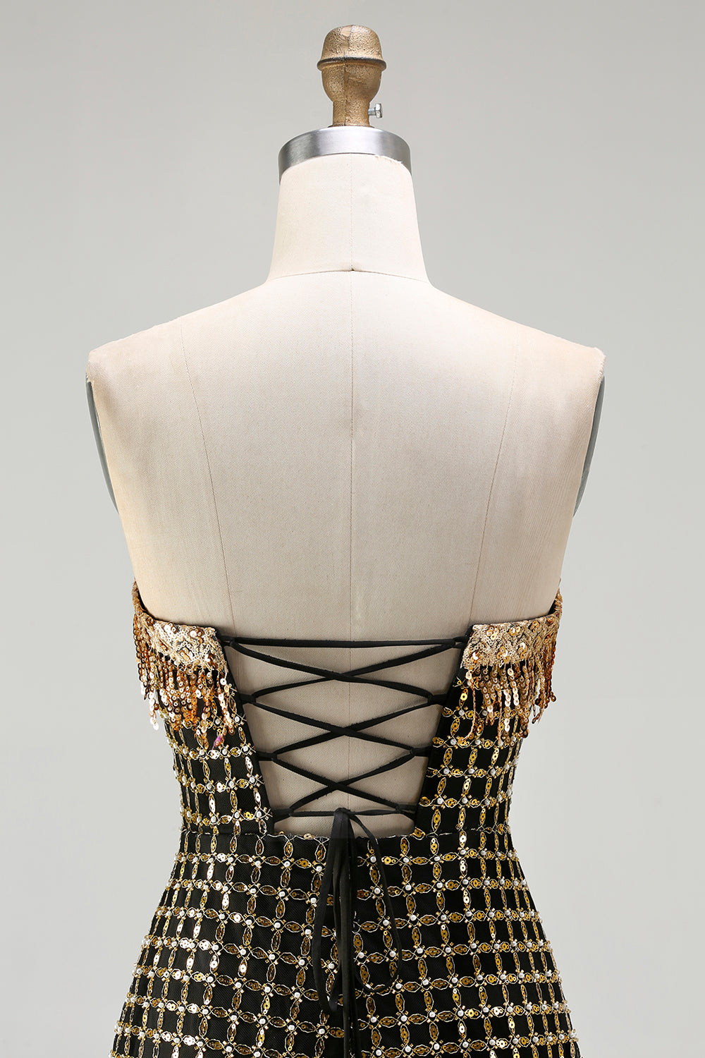 Strapless Black Golden Sequin Pearl Prom Dress With Slit - Image 7